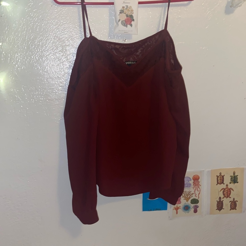 Small burgundy off the shoulder blouse lace detailing